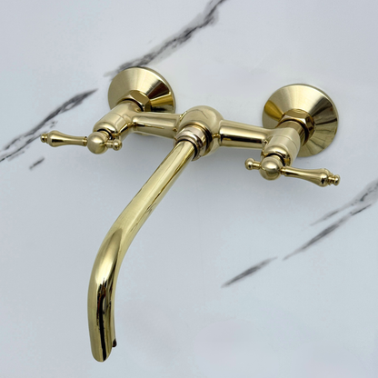 Unlacquered Brass Wall-Mount Bathroom Faucet with Lever handles