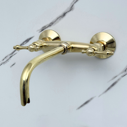 Unlacquered Brass Wall-Mount Bathroom Faucet with Lever handles