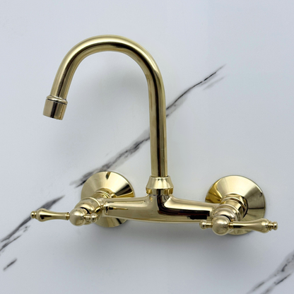 Unlacquered Brass Wall-Mount Bathroom Faucet with Lever handles