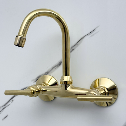 Unlacquered Brass Wall-Mount Bathroom Faucet with Lever handles