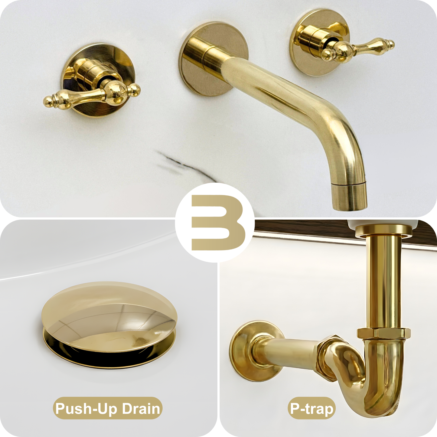 Unlacquered Brass Wall-Mount Faucet with Lever handles, Push-Up Drain & P-trap