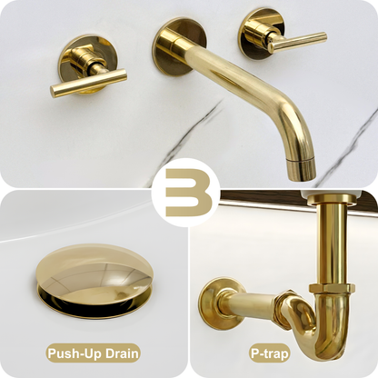 Unlacquered Brass Wall-Mount Faucet with Lever handles, Push-Up Drain & P-trap