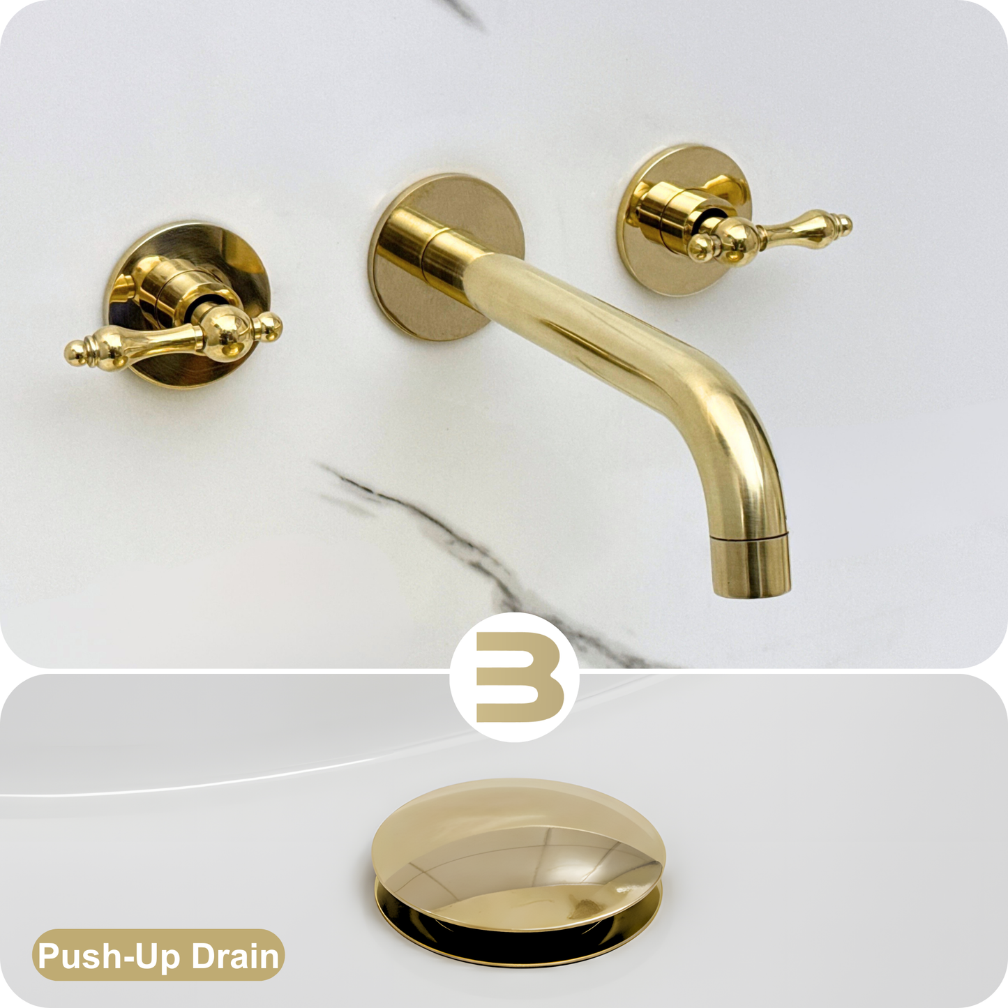 Unlacquered Brass Wall-Mount Faucet with Lever handles, Push-Up Drain & P-trap