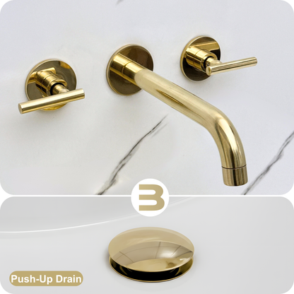 Unlacquered Brass Wall-Mount Faucet with Lever handles, Push-Up Drain & P-trap