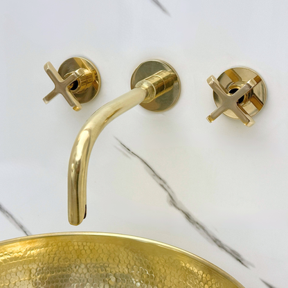 Unlacquered Brass Wall-Mount Sink Faucet with Cross handles