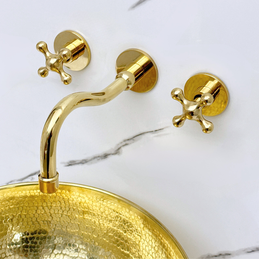 Unlacquered Brass Wall Mount Bathroom Faucet with Cross handles