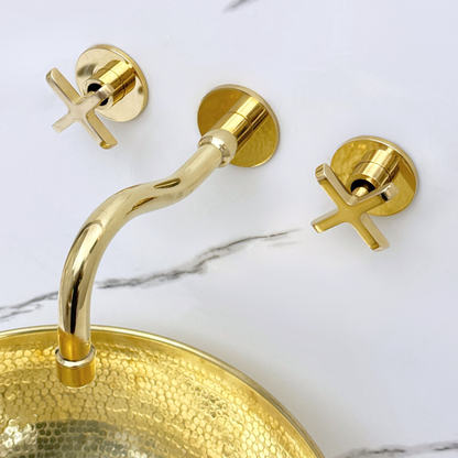Unlacquered Brass Wall Mount Bathroom Faucet with Cross handles