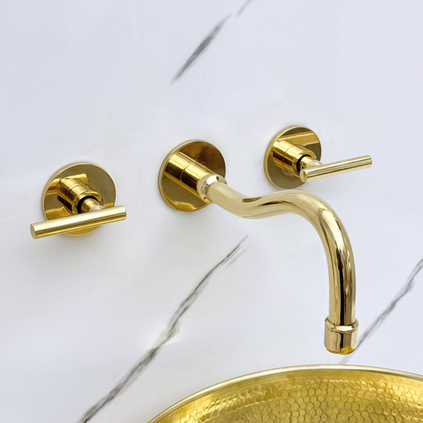 Unlacquered Brass Wall Mount Bathroom Faucet with Lever handles