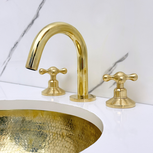 Unlacquered Brass Widespread Bathroom 3 Holes Faucet With Cross Handles
