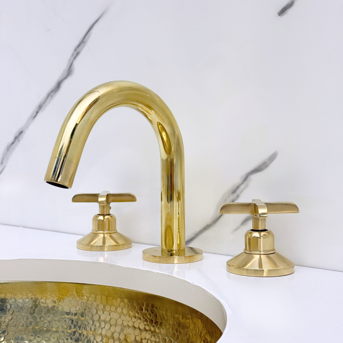 Unlacquered Brass Widespread Bathroom Sink Faucet With Cross Handles, Push-Up Drain & P-trap
