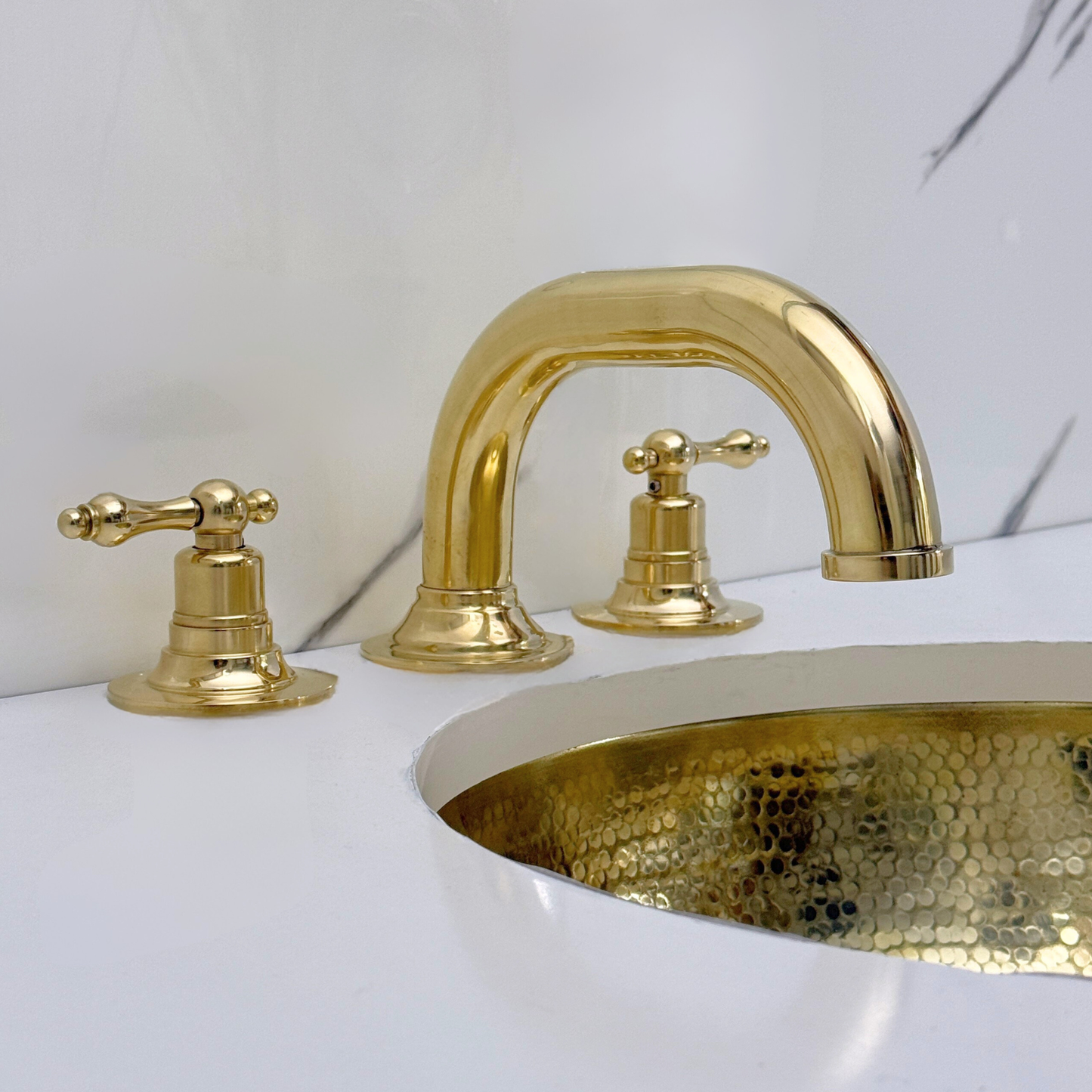Unlacquered Brass Widespread Bathroom Curved Faucet With Lever Handles