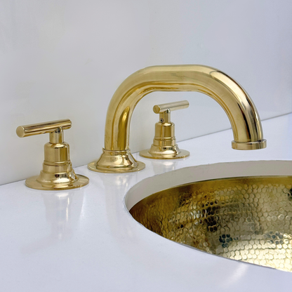 Unlacquered Brass Widespread Bathroom Curved Faucet With Lever Handles