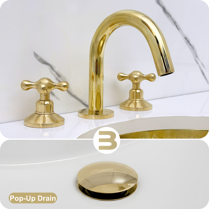 Unlacquered Brass Widespread Bathroom Sink Faucet With Cross Handles, Pop-Up Drain & P-trap
