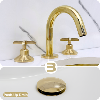 Unlacquered Brass Widespread Bathroom Sink Faucet With Cross Handles, Push-Up Drain & P-trap