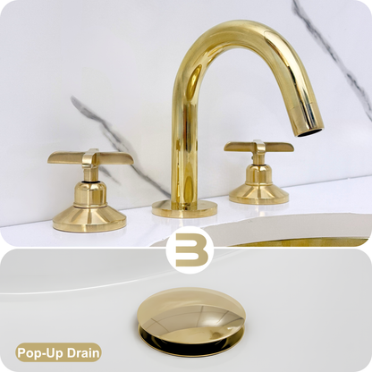 Unlacquered Brass Widespread Bathroom Sink Faucet With Cross Handles, Pop-Up Drain & P-trap