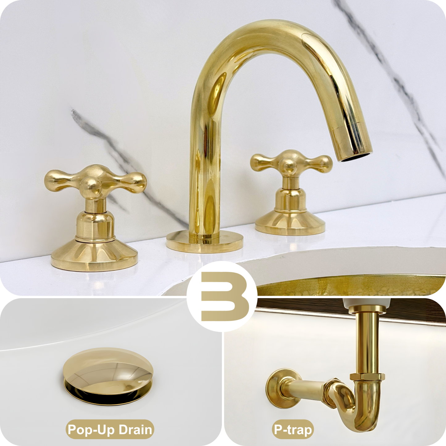 Unlacquered Brass Widespread Bathroom Sink Faucet With Cross Handles, Pop-Up Drain & P-trap