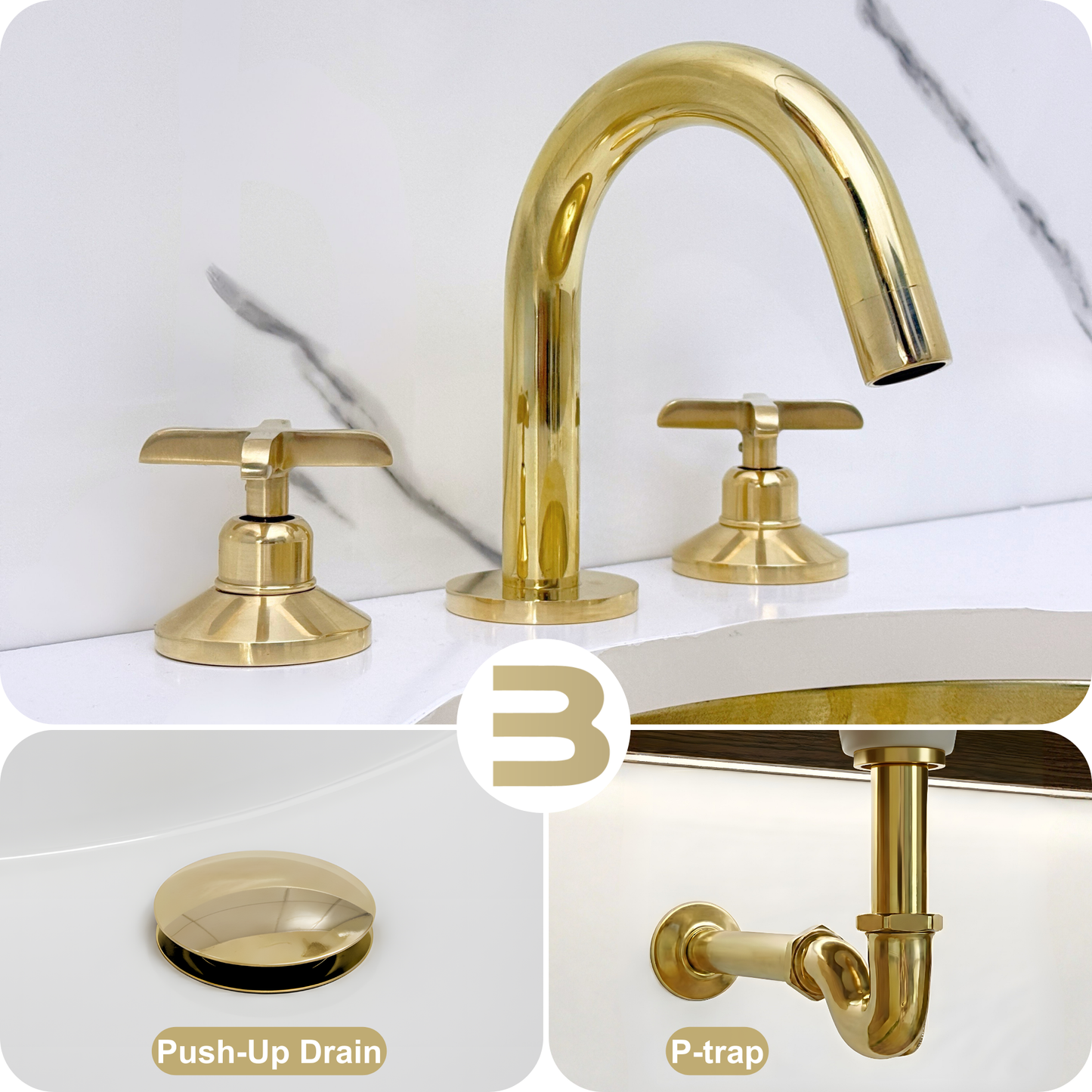 Unlacquered Brass Widespread Bathroom Sink Faucet With Cross Handles, Push-Up Drain & P-trap