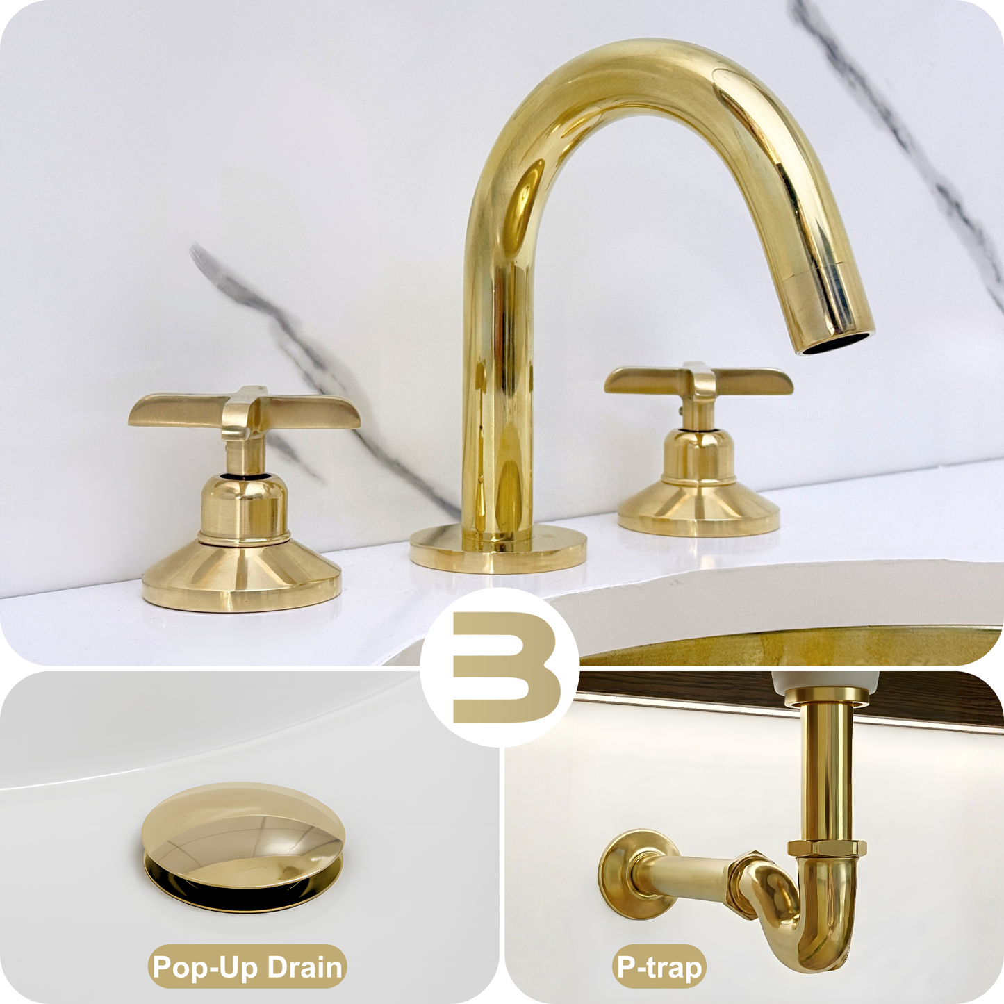 Unlacquered Brass Widespread Bathroom Sink Faucet With Cross Handles, Pop-Up Drain & P-trap