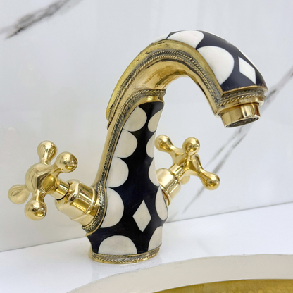 Unlacquered Brass and Resin Single Hole Bathroom Faucet with Cross Handles