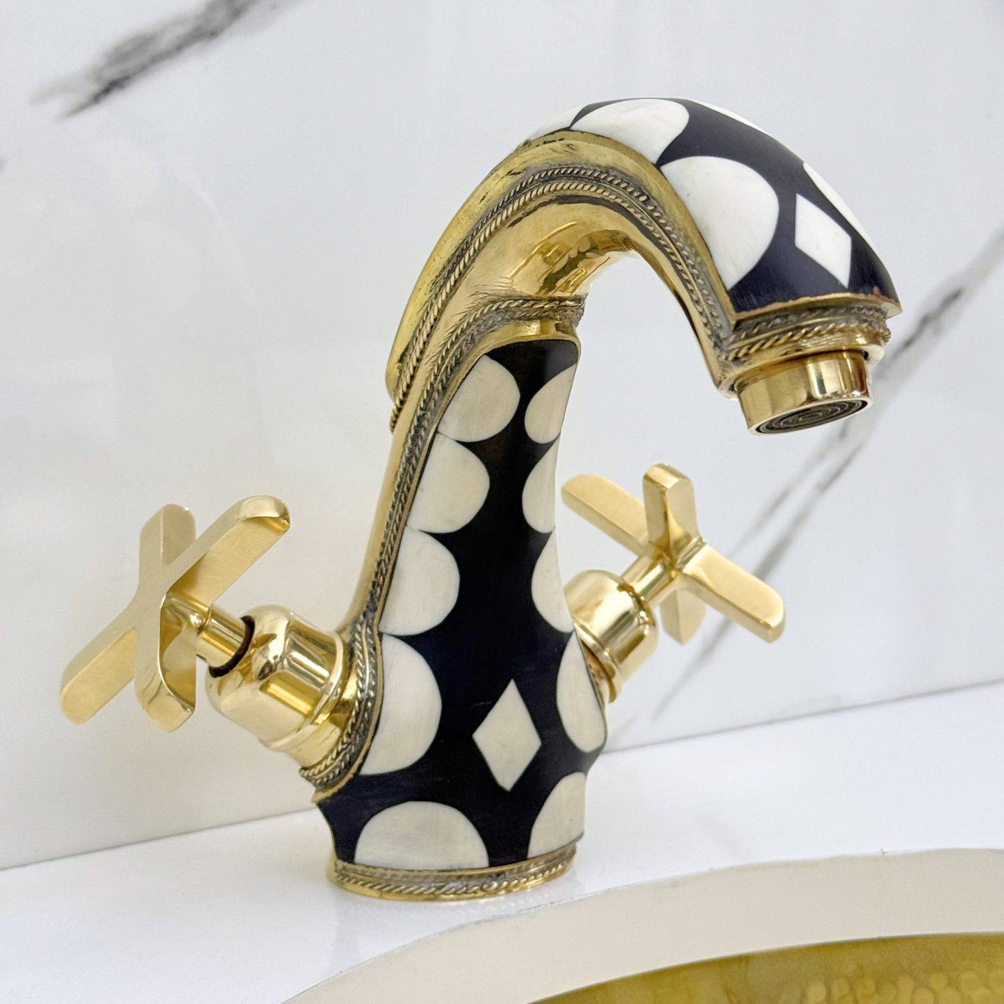Unlacquered Brass and Resin Single Hole Bathroom Faucet with Cross Handles