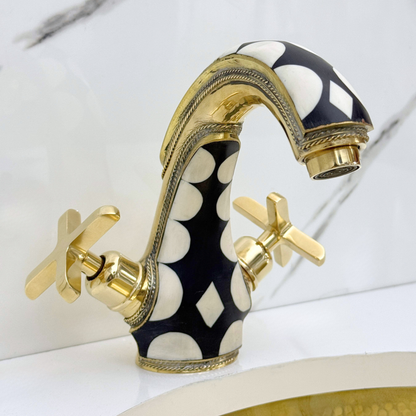 Unlacquered Brass and Resin Single Hole Bathroom Faucet with Cross Handles