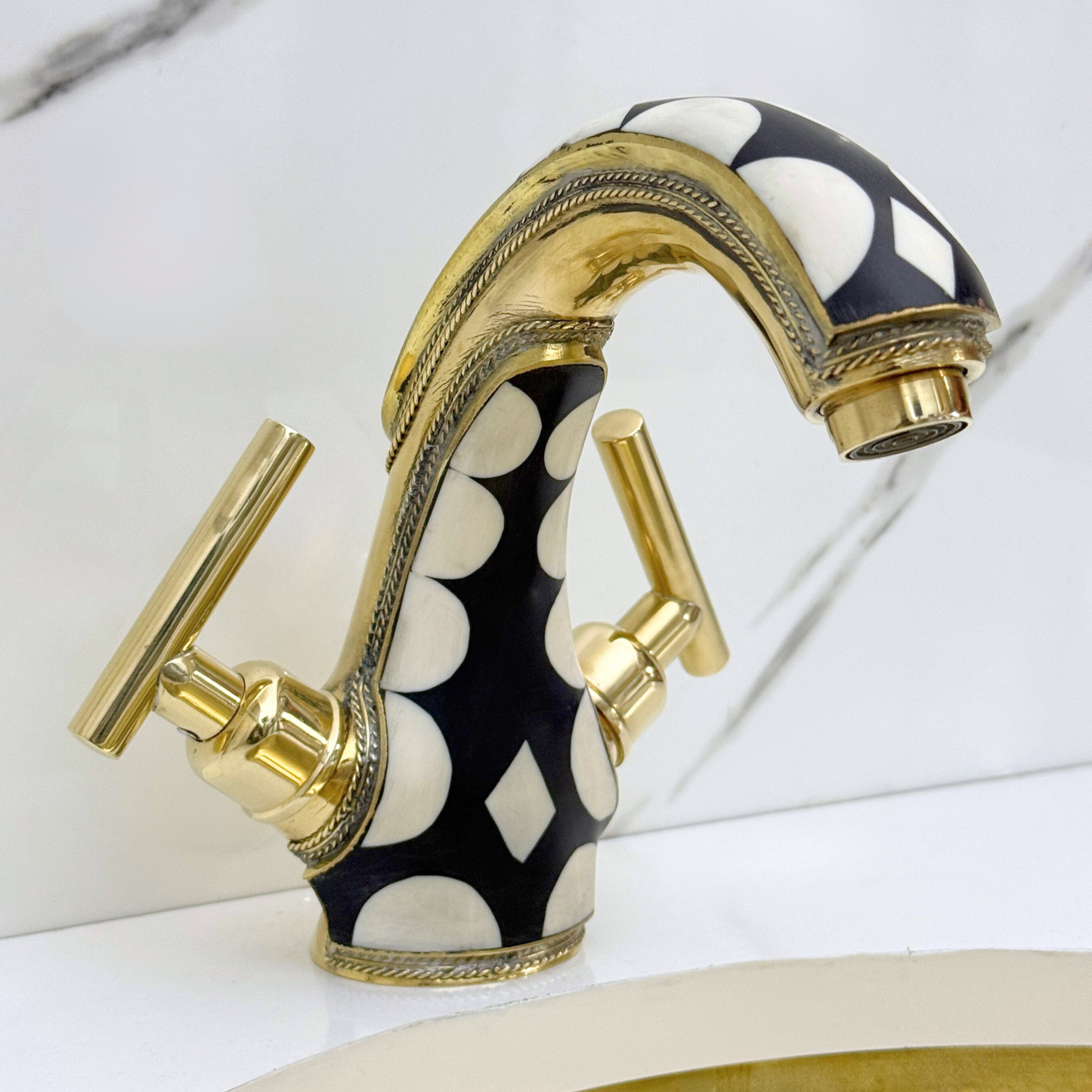 Unlacquered Brass and Resin Single Hole Bathroom Faucet with Lever Handles
