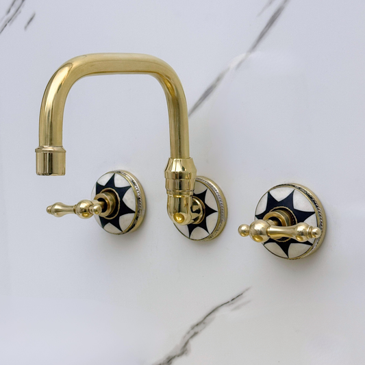 Unlacquered Brass and Resin Wall-Mount Bathroom Faucet with Lever Handles