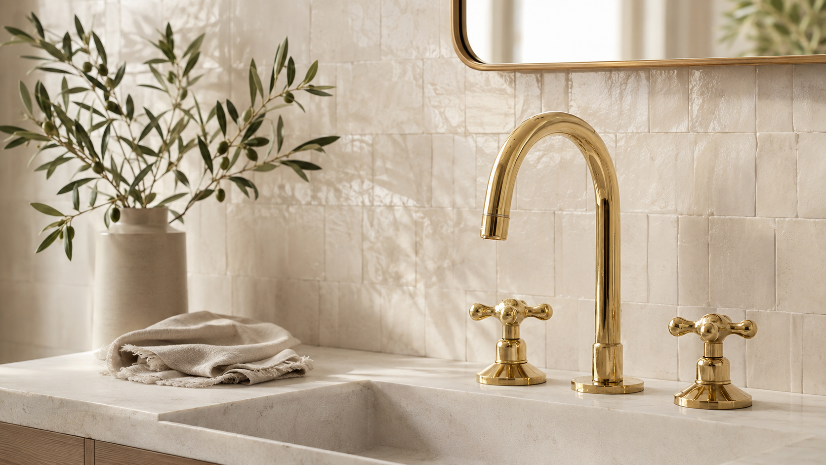 Unlacquered brass widespread faucet in a warm ivory bathroom