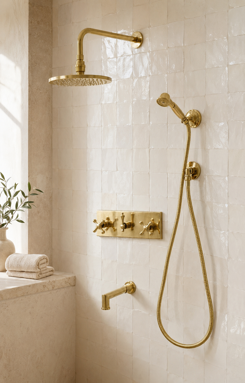 Unlacquered brass shower system on warm ivory zellige