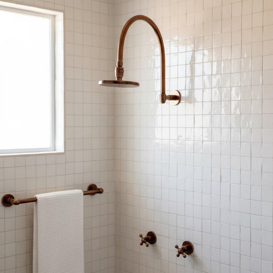 Antique Copper Shower System with Flat Round Rain Shower Head, Arcuate Arm and Cross Handles