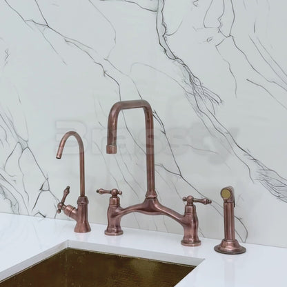 Antique Copper Vintage Bridge Kitchen Faucet with Sprayer, Drinking Water Tap and Lever Handles