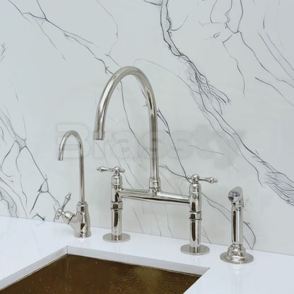 Polished Nickel Bridge Faucet with Sprayer, Drinking Water Tap and Lever Handles
