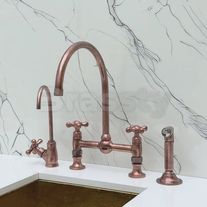 Antique Copper Bridge Vintage Kitchen Faucet with Ball Center, Sprayer, Cold Water Faucet and Cross Handles