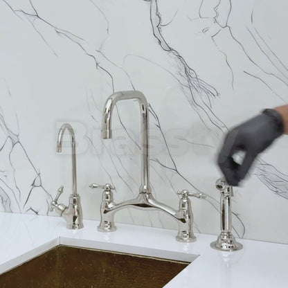 Polished Nickel Vintage Bridge Kitchen Faucet with Sprayer, Drinking Water Tap and Lever Handles