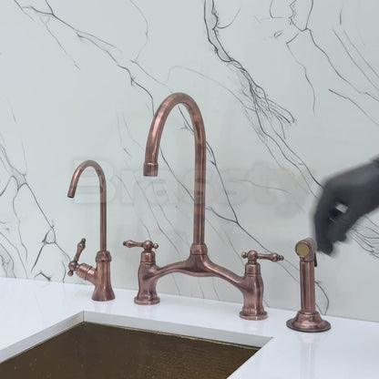 Antique Copper Kitchen Bridge Faucet with Drinking Water Tap, Sprayer, and Lever Handles