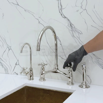 Polished Nickel Kitchen Bridge Faucet with Sprayer, Drinking Water Tap and Cross Handles