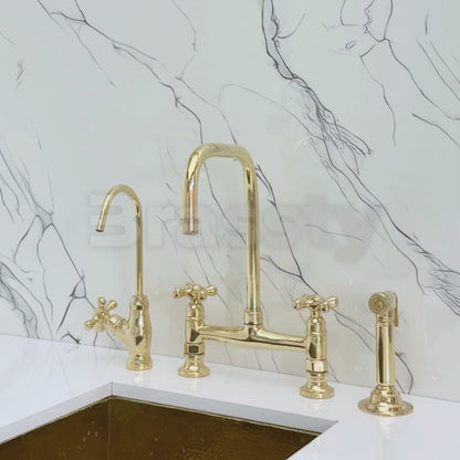 Unlacquered Brass Classic Bridge Faucet with Cold Water Faucet, Sprayer, and Cross Handles