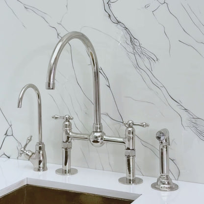 Polished Nickel Bridge Faucet with Sprayer, Cold Water Faucet, Straight Legs and Lever Handles