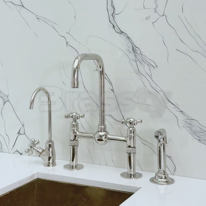 Polished Nickel Classic Bridge Faucet with Ball Center, Straight Legs, Sprayer, Cold Water Faucet and Cross Handles