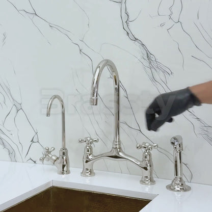 Polished Nickel Kitchen Bridge Faucet with Drinking Water Tap, Sprayer, and Cross Handles