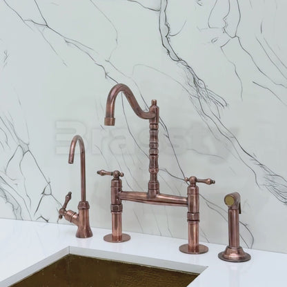 Antique Copper Victorian Bridge Faucet with Sprayer, Cold Water Faucet and Lever Handles