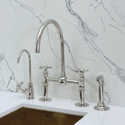 Polished Nickel Bridge Faucet with Sprayer, Cold Water Faucet, Straight Legs and Cross Handles