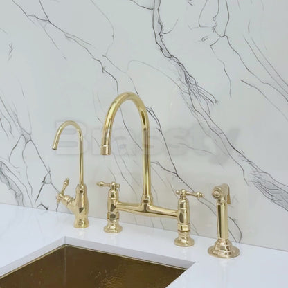 Unlacquered Brass Bridge Kitchen Faucet with Sprayer, Cold Water Faucet and Lever Handles