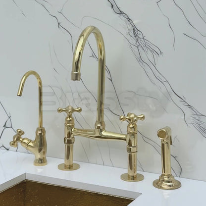 Unlacquered Brass Bridge Kitchen Faucet with Sprayer, Drinking Water Tap and Cross Handles