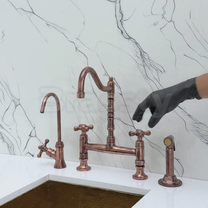 Antique Copper Bridge Victorian Kitchen Faucet with Sprayer, Drinking Water Tap and Cross Handles
