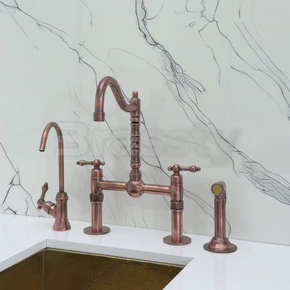 Antique Copper Victorian Bridge Faucet with Sprayer, Cold Water Faucet, Straight Legs and Lever Handles