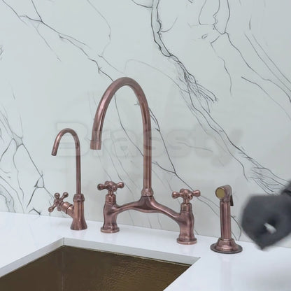 Antique Copper Kitchen Bridge Faucet with Sprayer, Drinking Water Tap and Cross Handles