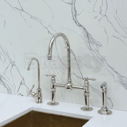 Polished Nickel Kitchen Bridge Faucet with Ball Center, Sprayer, Cold Water Faucet, Straight Legs and Lever Handles