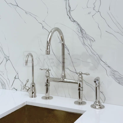 Polished Nickel Kitchen Bridge Faucet with Sprayer, Cold Water Faucet and Lever Handles