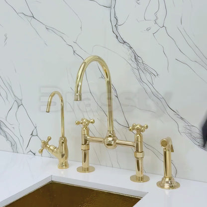 Unlacquered Brass Kitchen Bridge Faucet with Ball Center, Sprayer, Cold Water Faucet, Straight Legs and Cross Handles